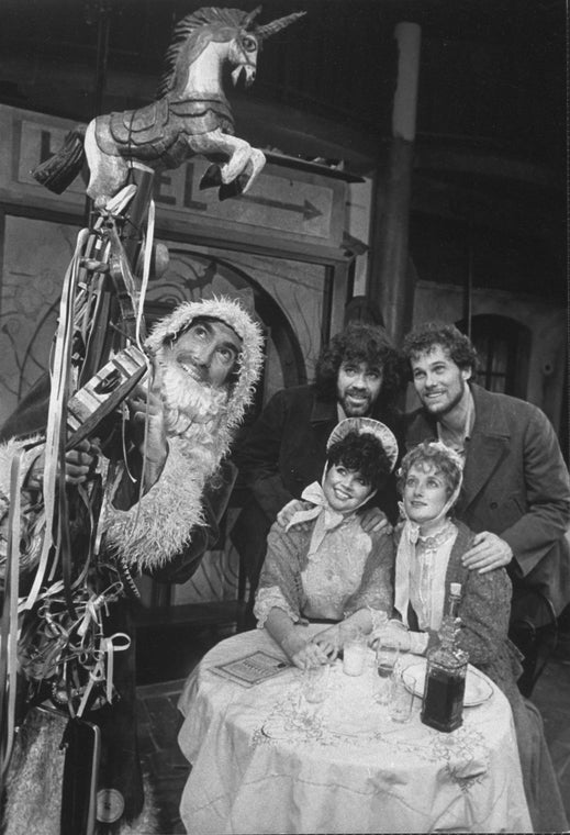 (2L-R) Singers Linda Ronstadt, Gary Morris, Patti Cohenour and David Carroll who are alternating in the roles of Mimi and Rodolfo in a scene from the NY Shakespeare Festival production of the opera "La Boheme."
