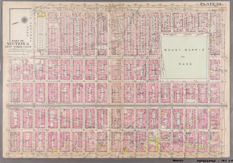 Plate 34: Bounded by Lenox Avenue (6th Ave.), W. 125th Street, E. 125th Street, Third Avenue, E. 108th Street, and W. 110th Street.