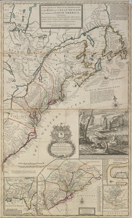 A new and exact map of the dominions of the King of Great Britain on ye continent of North America: containing Newfoundland, New Scotland, New England, New York, New Jersey, Pensilvania, Maryland, Virginia and Carolina