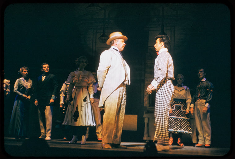 David Burns, Danny Carroll [center], Barbara Cook, Robert Preston [left] and unidentified others in the stage production The Music Man
