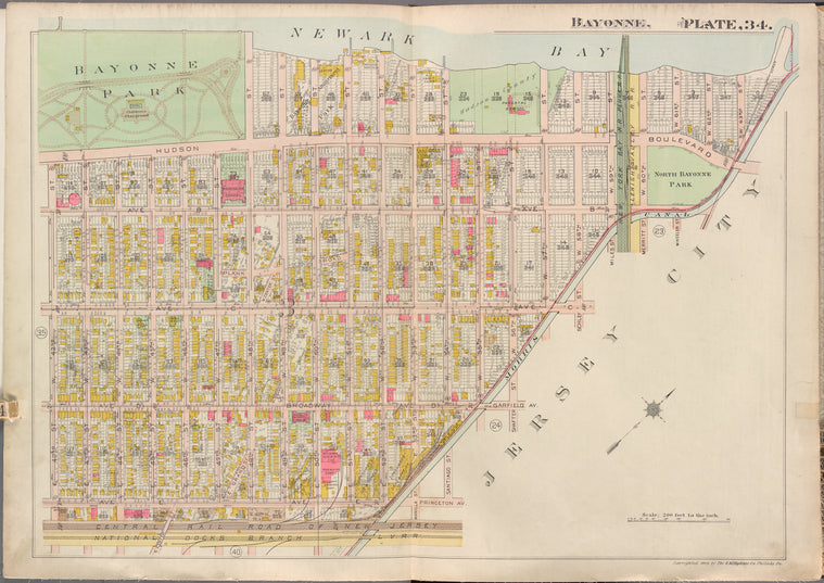 Jersey City, V. 1, Double Page Plate No. 34 [Map bounded by Newark Bay, Jersey City, Avenue E, E. 42nd St., W. 42nd St.]