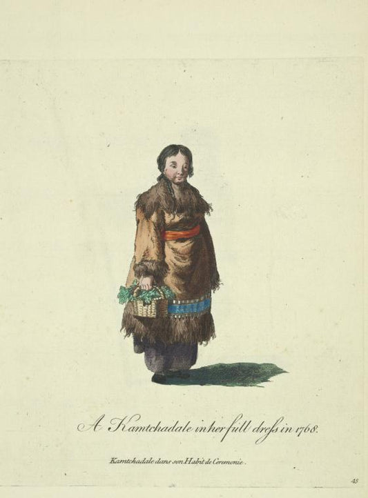 A Kamtchadal in her full dress in 1768. Kamtchadal dans son habit de cêremonie.