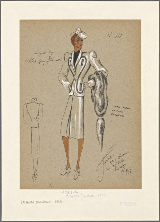 Satin piping on town tailleur.