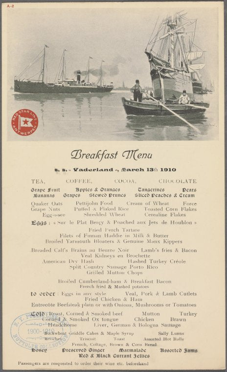 Breakfast Menu, S.S. "Vaderland"