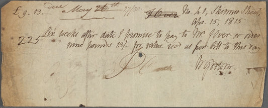 Autograph promissory note signed to John Over, 15 April 1815