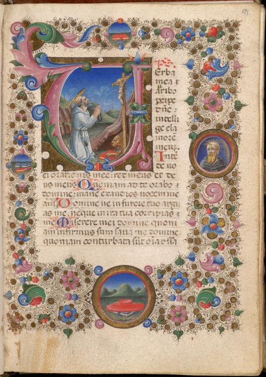 Initial V with St. Jerome and border