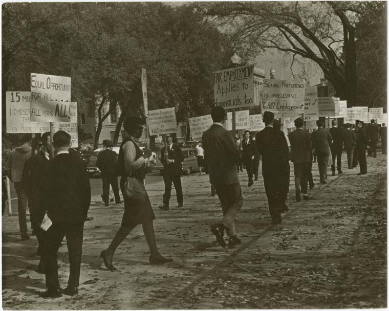 Ernestine Eckstein in picket line, dark