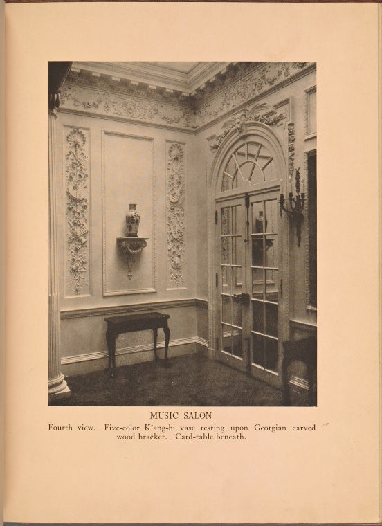 Music Salon - Fourth view. Five-color K'ang-hi vase resting upon Georgian carved wood bracket. Card-table beneath
