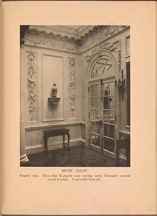 Music Salon - Fourth view. Five-color K'ang-hi vase resting upon Georgian carved wood bracket. Card-table beneath