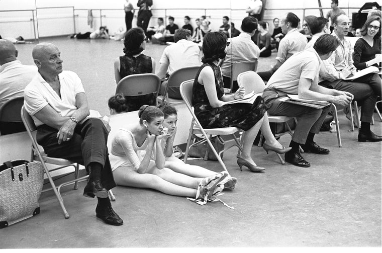 New York City Ballet - rehearsal of "Don Quixote" with Michael Arshansky, sisters Patricia and Colleen Neary, George Balanchine (2nd right), choreography by George Balanchine (New York)
