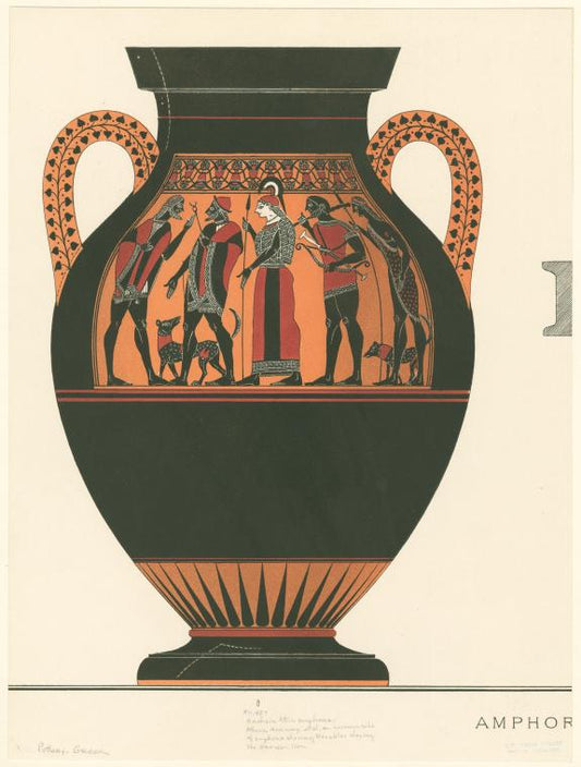 Archaic Attic amphora depicting Hermes and Athena, at center, escorting Herakles, with club and bow, to meet Zeus, left, on Olympos
