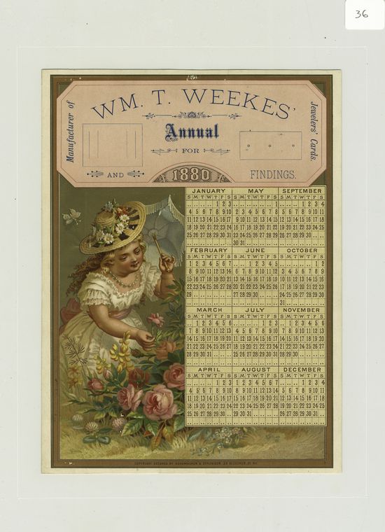[A trade calendar for 1880 depicting a girl with an umbrella picking flowers.]