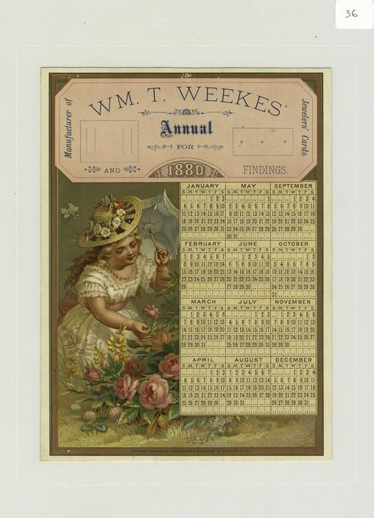 [A trade calendar for 1880 depicting a girl with an umbrella picking flowers.]