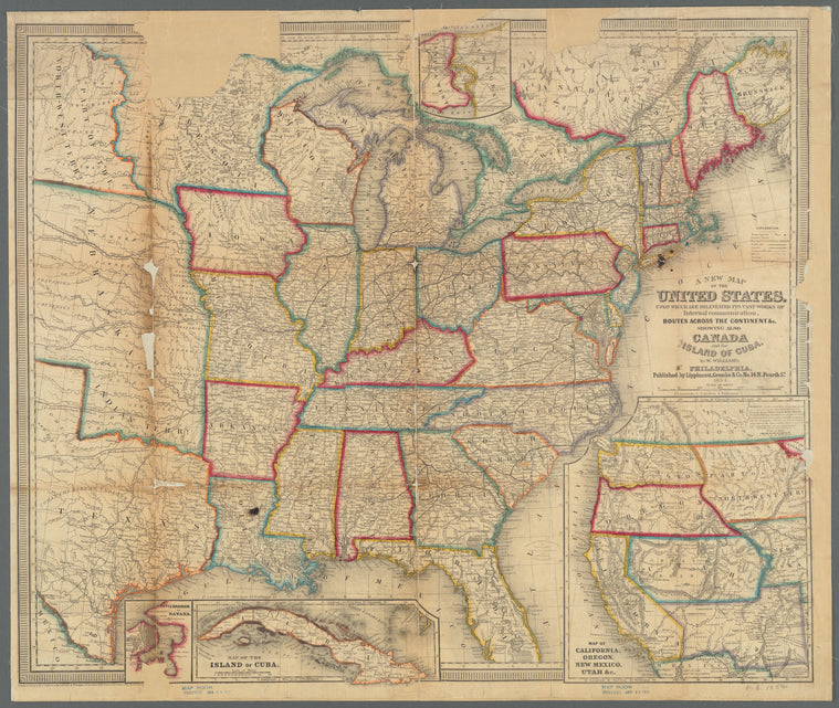 A new map of the United States, upon which are delineated its vast works of internal communication, routes across the continent &c: showing also Canada and the island of Cuba