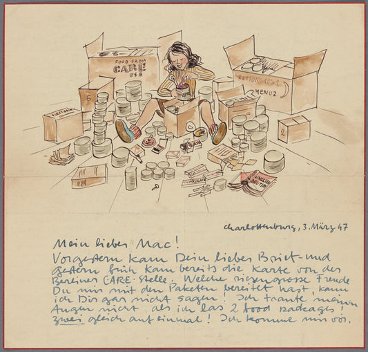 Correspondence with overseas personnel file - illustrated letter addressed to Mac