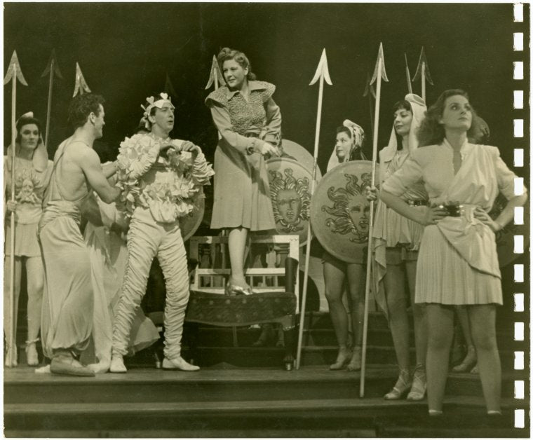 Ray Bolger (Sapiens), Benay Venuta (Hippolyta) Constance Moore (Antiope) and cast in By Jupiter