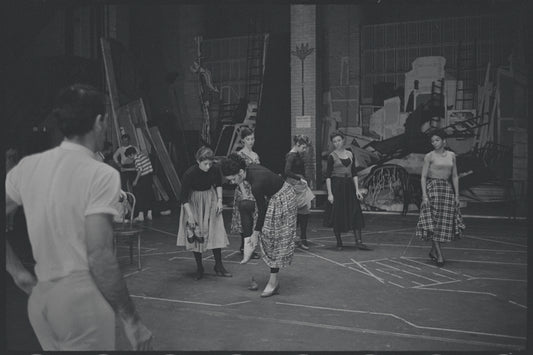 Choreographer Peter Gennaro, Chita Rivera and ensemble in rehearsal for the stage production West Side Story