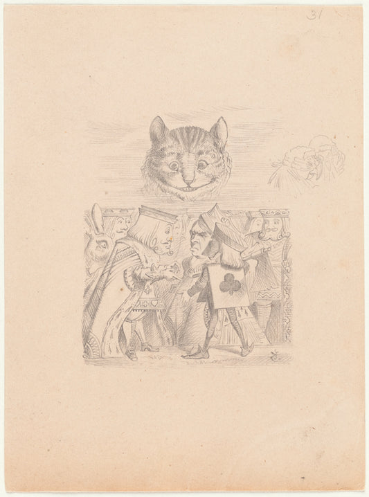 Drawing of the Cheshire Cat in the Sky with Executioner, King and Queen below