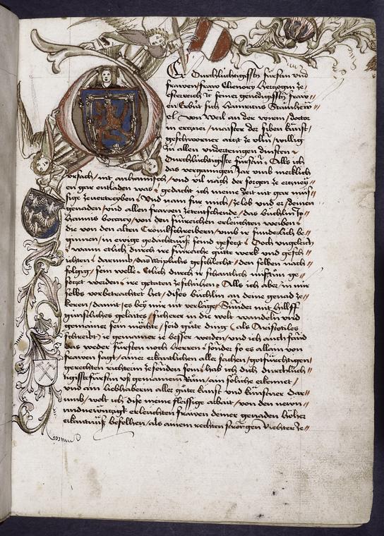 Dedication to Elinor of Austria; initial with her arms, and angels as supporters; in the side margin, Steinhöwel's arms