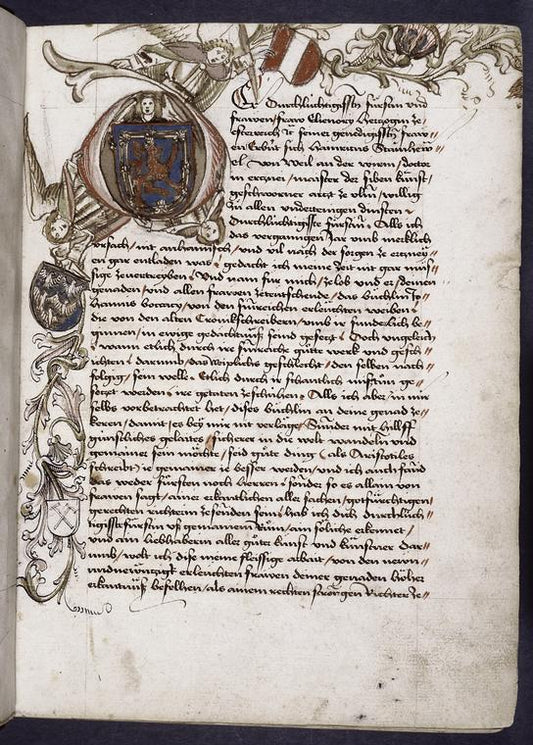 Dedication to Elinor of Austria; initial with her arms, and angels as supporters; in the side margin, Steinhöwel's arms