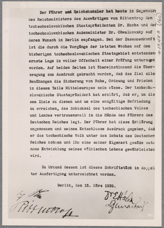 An historic document: The agreement between the Fuhrer and Dr. Hacha, in which the fate of the Czechs is placed with complete trust into the hands of the Fuhrer