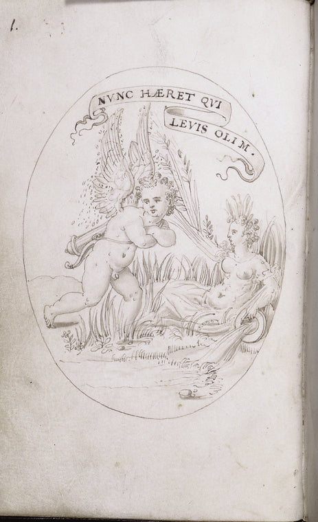 Opening emblem of Cupid and a allegorical woman with a tree-like arm and a jug pouring water into a stream