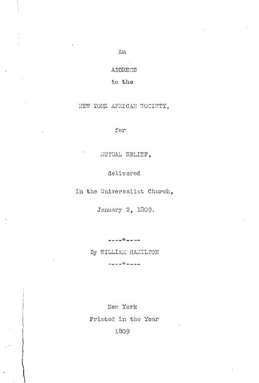 An address to the New York African Society for Mutual Relief: delivered in the Universalist Church, January, 1809