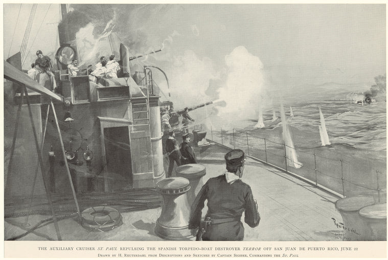 The auxiliary cruiser St. Paul repulsing the Spanish torpedo-boat destroyer Terror off San Juan de Puerto Rico, June 22