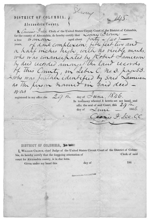 Robert Jamieson. Certificate of Freedom for Linn Brown