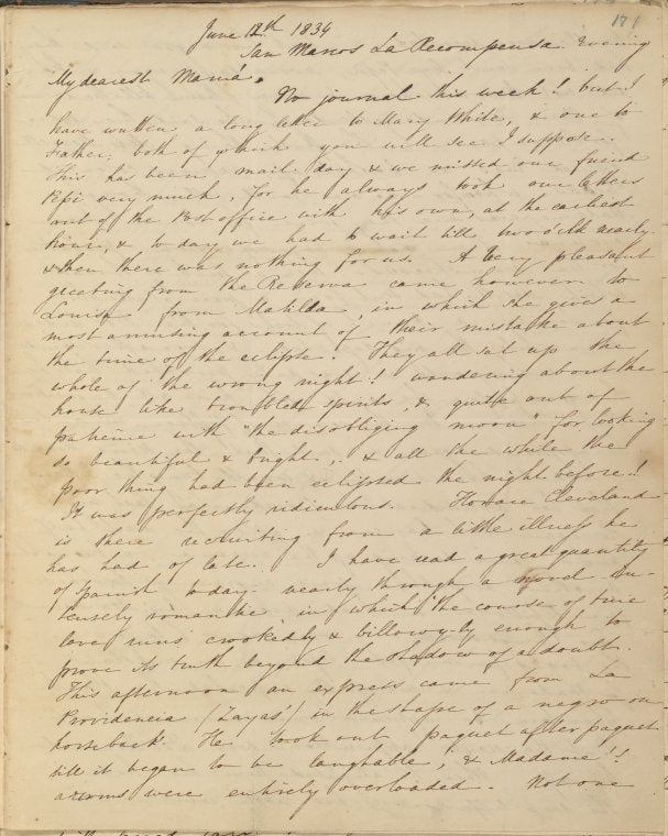 My dearest Mamá, No journal this... ALS. Jun. 12, 1834.