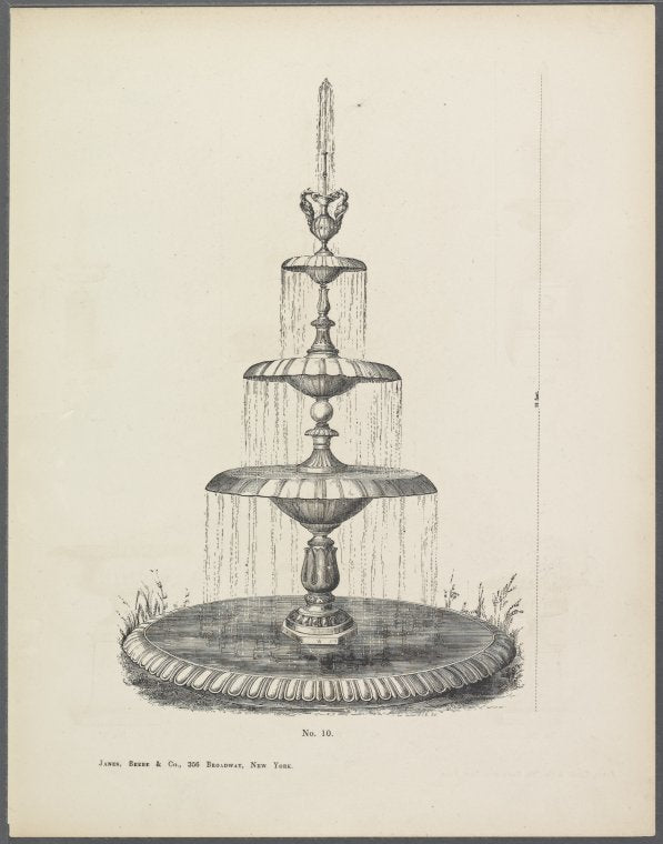 Four-tiered fountain with seahorses at pinnacle