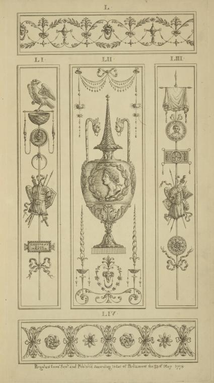 Central design of urn with garland and man's bust, and two long handles with faces
