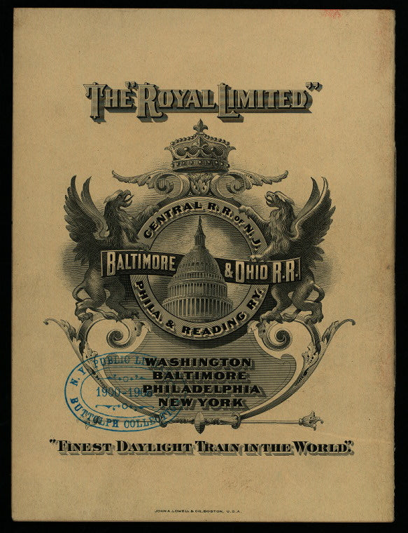 THANKSGIVING DAY DINNER [held by] BALTIMORE & OHIO R.R. [at] """ROYAL LIMITED, THE"" - ""FINEST DAYLIGHT TRAIN IN THE WORLD"" EN ROUTE WASHINGTON, BALTIMORE, PHILADELPHIA, NEW YORK---CAR ""WALDORF""" (RR;)