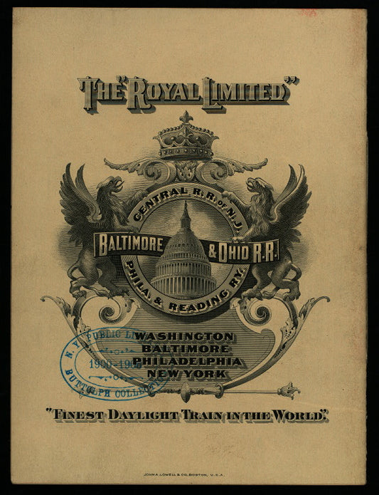 THANKSGIVING DAY DINNER [held by] BALTIMORE & OHIO R.R. [at] """ROYAL LIMITED, THE"" - ""FINEST DAYLIGHT TRAIN IN THE WORLD"" EN ROUTE WASHINGTON, BALTIMORE, PHILADELPHIA, NEW YORK---CAR ""WALDORF""" (RR;)