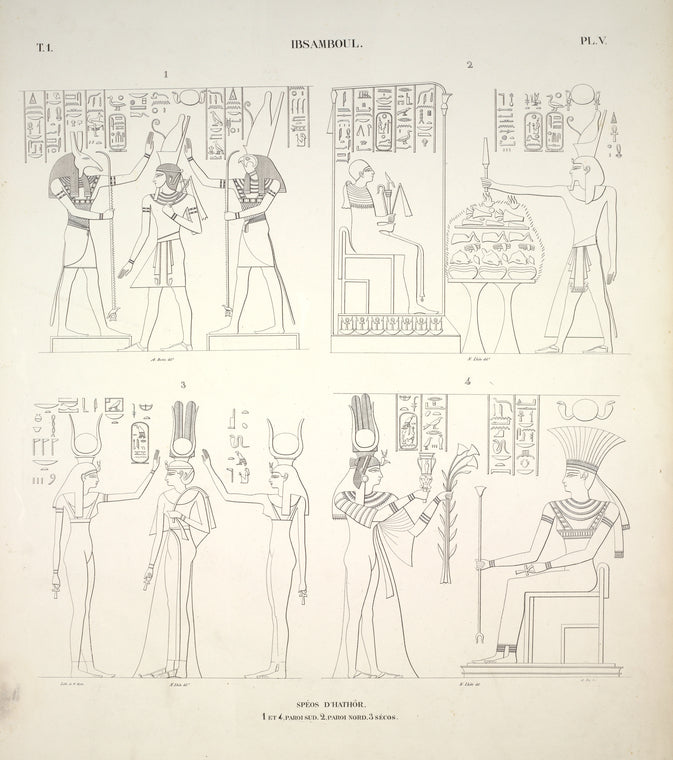 Ibsamboul [Abu-Simbel]. Spéos d'Hathôr. 1. et 4. paroi sud, 2. paroi nord, 3. sécos.