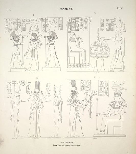 Ibsamboul [Abu-Simbel]. Spéos d'Hathôr. 1. et 4. paroi sud, 2. paroi nord, 3. sécos.