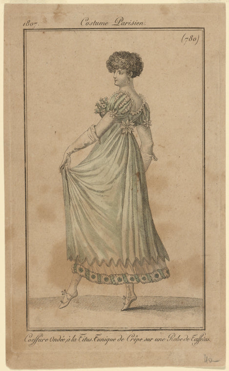 Costume Parisien.: Coeffure ondée, à la Titus. Tunique de crêpe sur une robe de taffetas