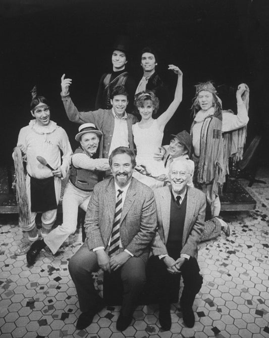 (FRONT L-R) Composer Harvey Schmidt and lyricist Tom Jones with the cast of the Off-Broadway production of the musical "The Fantastiks."