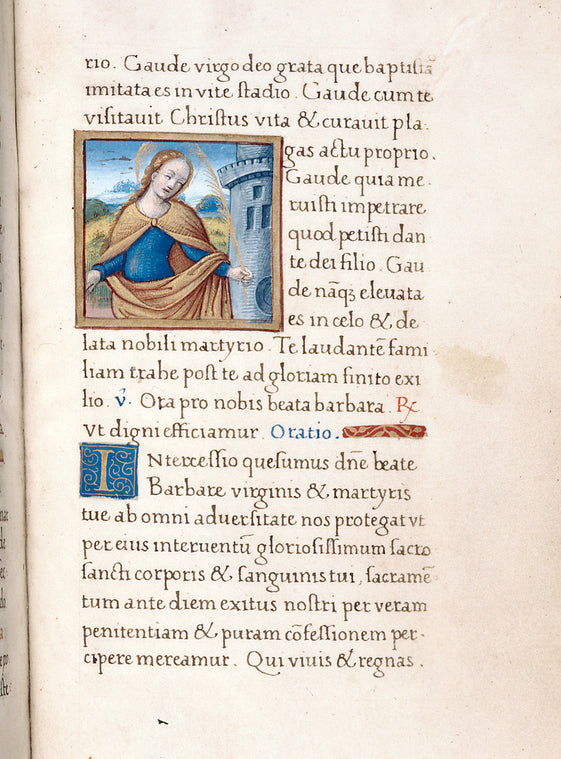 Miniature of St. Barbara and her tower, set into the text space