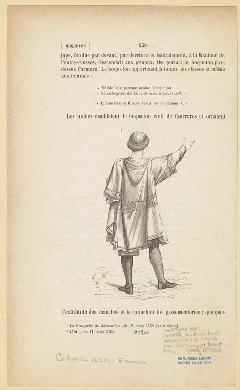 Man wearing a mantle with hood, for military use, France, early 13th century