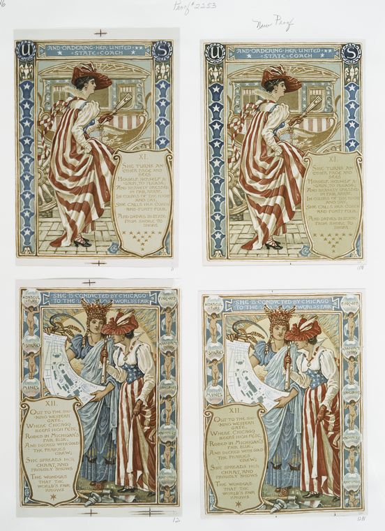 Columbian courtship: cards entitled 'and ordering her United State coach' and 'she is conducted by Chicago to the World's Fair.'