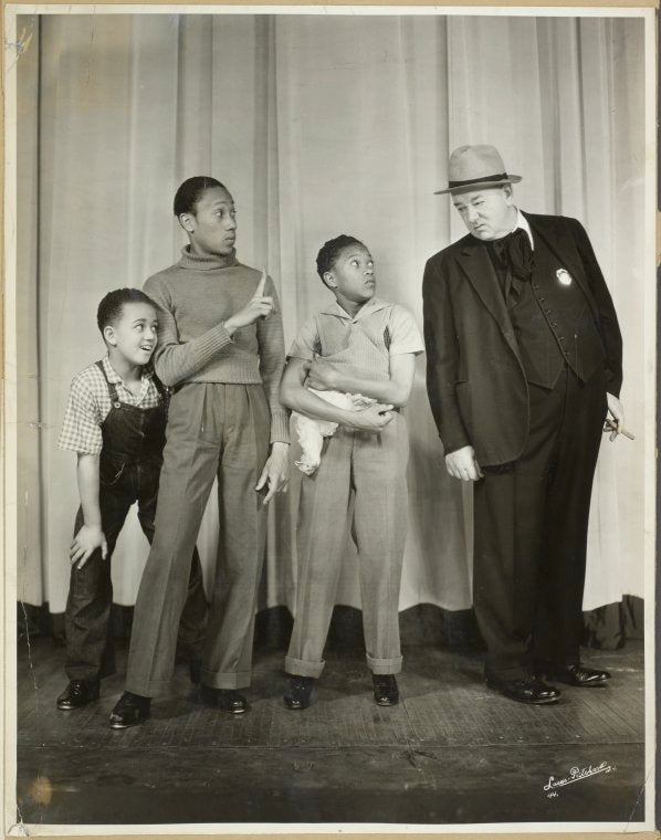 Kenneth Wilkins (Booker Vanderpool), Fayard Nicholas (Irving de Quincy), Harold Nicholas (Ivor de Quincy) and George Watts (Sheriff Reynolds) in Babes in Arms