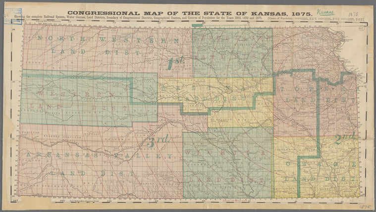 Congressional map of the state of Kansas, 1875 : showing the complete railroad system, water courses, land districts, boundary of Congressional districts, geographical centres, and centres of population for the years 1860, 1870 and 1875