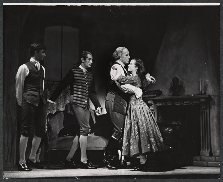 Franklin Kiser, unidentified actor, Robert Preston, and Susan Watson in the stage production Ben Franklin in Paris