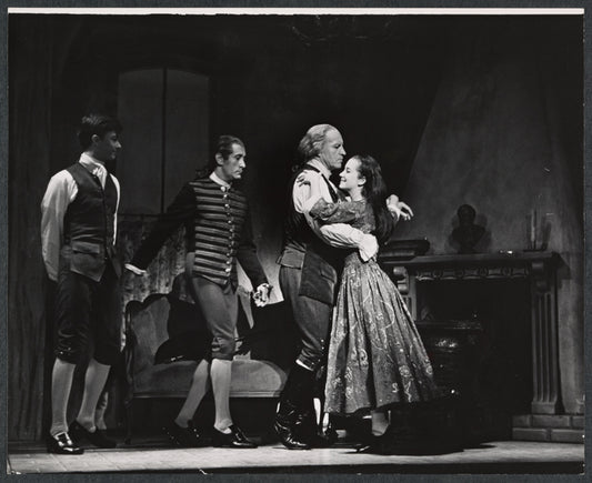 Franklin Kiser, unidentified actor, Robert Preston, and Susan Watson in the stage production Ben Franklin in Paris