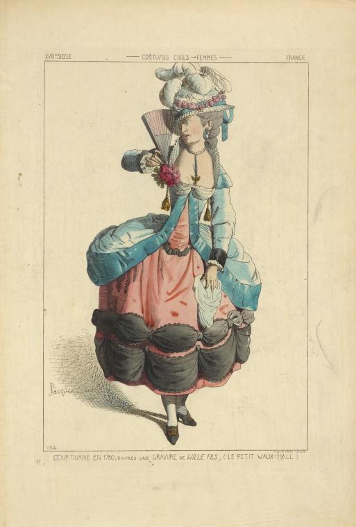 Courtisane en 1780, d'après une gravure de Wille Fils, (le petit Waux-Hall). XVIIIe siècle, costumes civils, femmes, France.