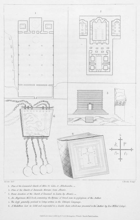 1. Plan of the Excavated church of Abha Os Gaba, or Abhahasuba. 2. Plan of the Church of Jummada Mariam, from Alvariz. 3. Front elevation of the Church of Emanuel in Lasta, by Alvariz. 4. An Abyssinian M.S.S. book, containing the hymns of Yereed, now in..