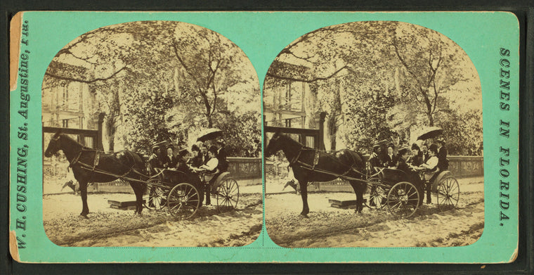 View of a mule cart with passengers.