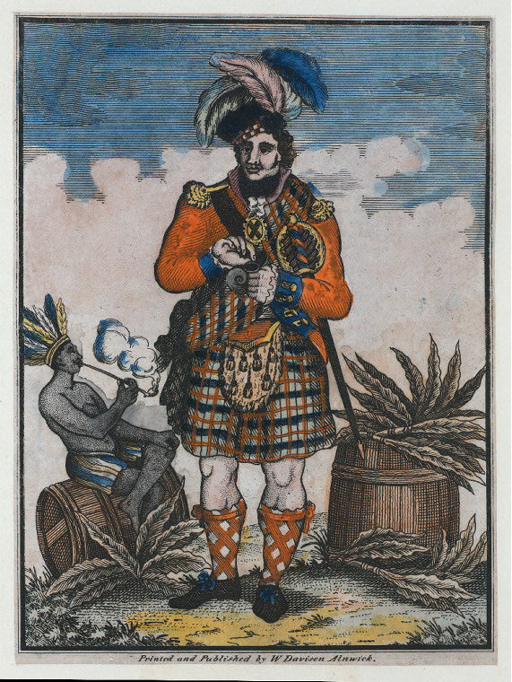 Highlander in kilt taking snuff, Indian sitting on a hogshead of tobacco smoking