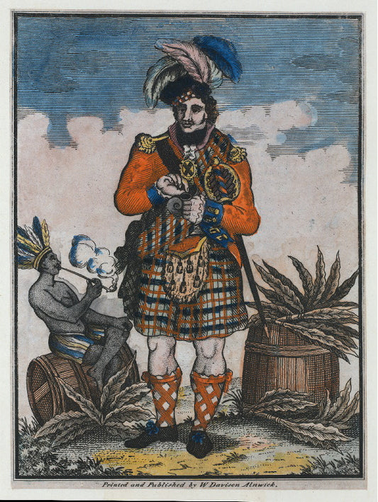 Highlander in kilt taking snuff, Indian sitting on a hogshead of tobacco smoking